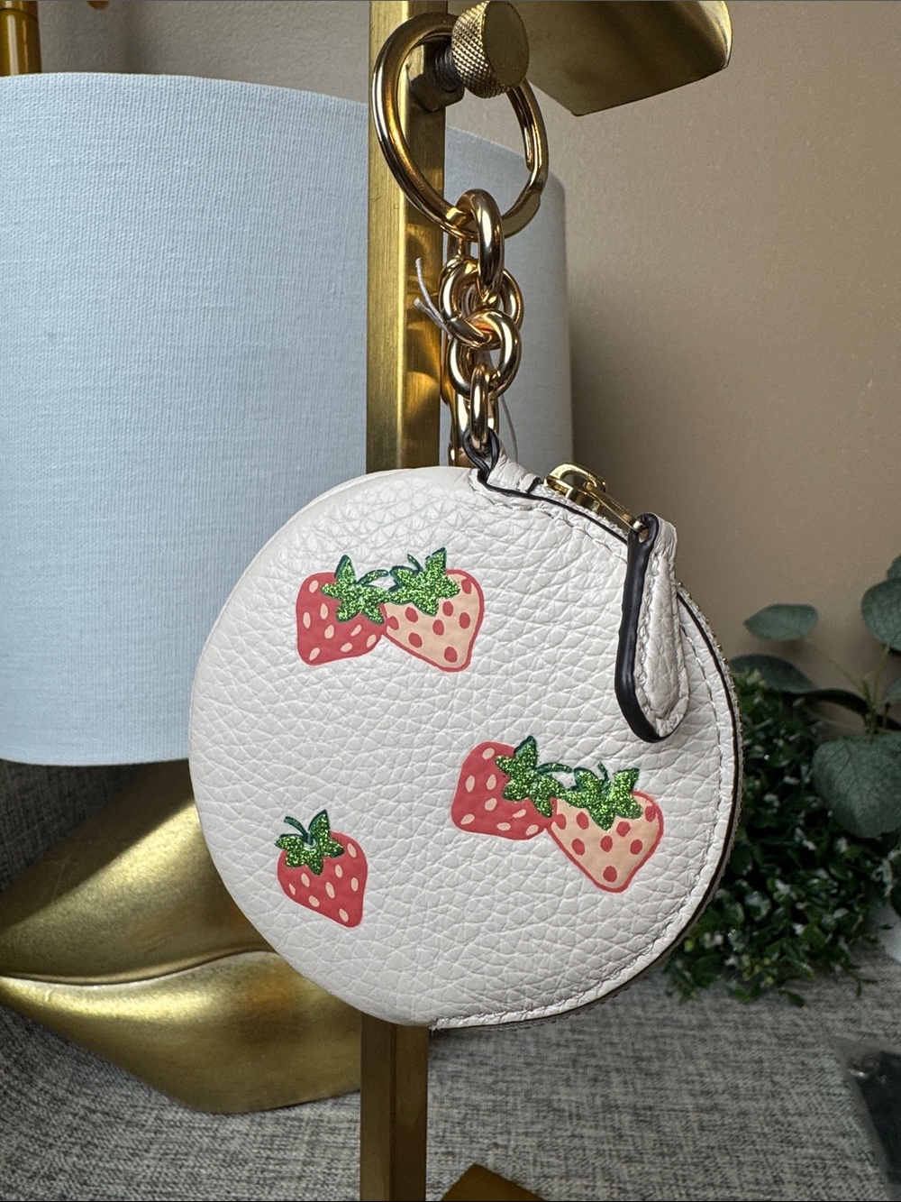 Coach White Round Strawberry Coin Case Keychain with Gold Hardware - Picture 2 of 5